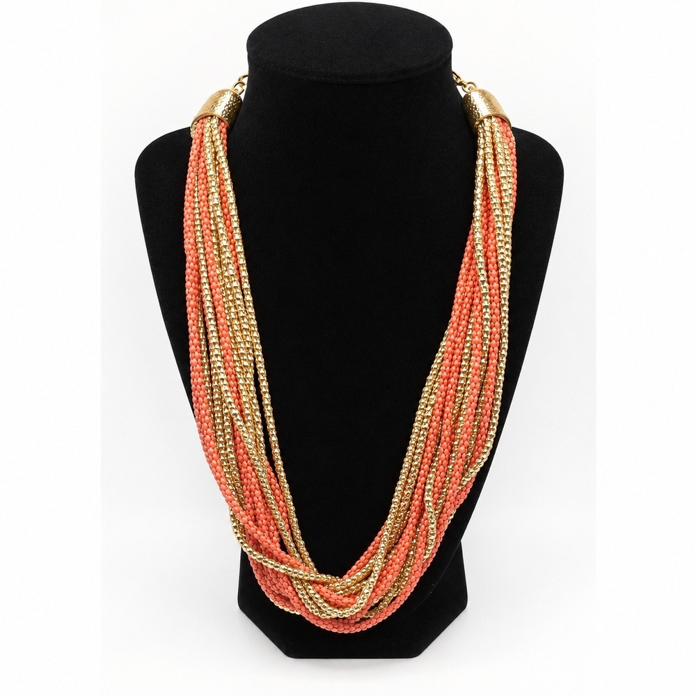 Multi Strand Beaded Chain Necklace Coral Gold Tone Statement Boho 20 Inch